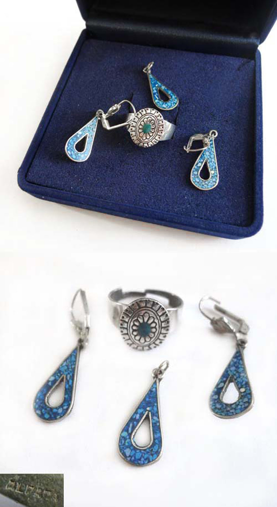 Set Indianerschmuck Ohrringe, Anhänger und Ring Alpacca
