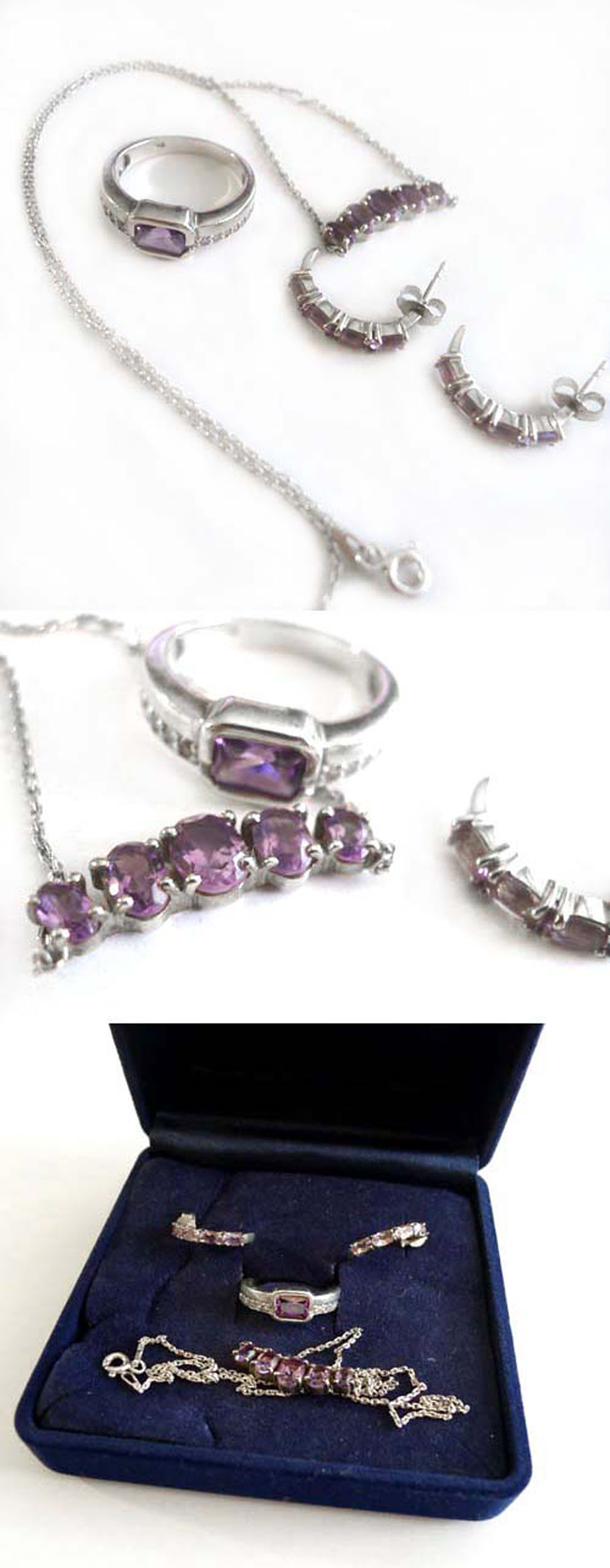 Set mit Kette, Ring und Creolen 925 Silber violette Steine