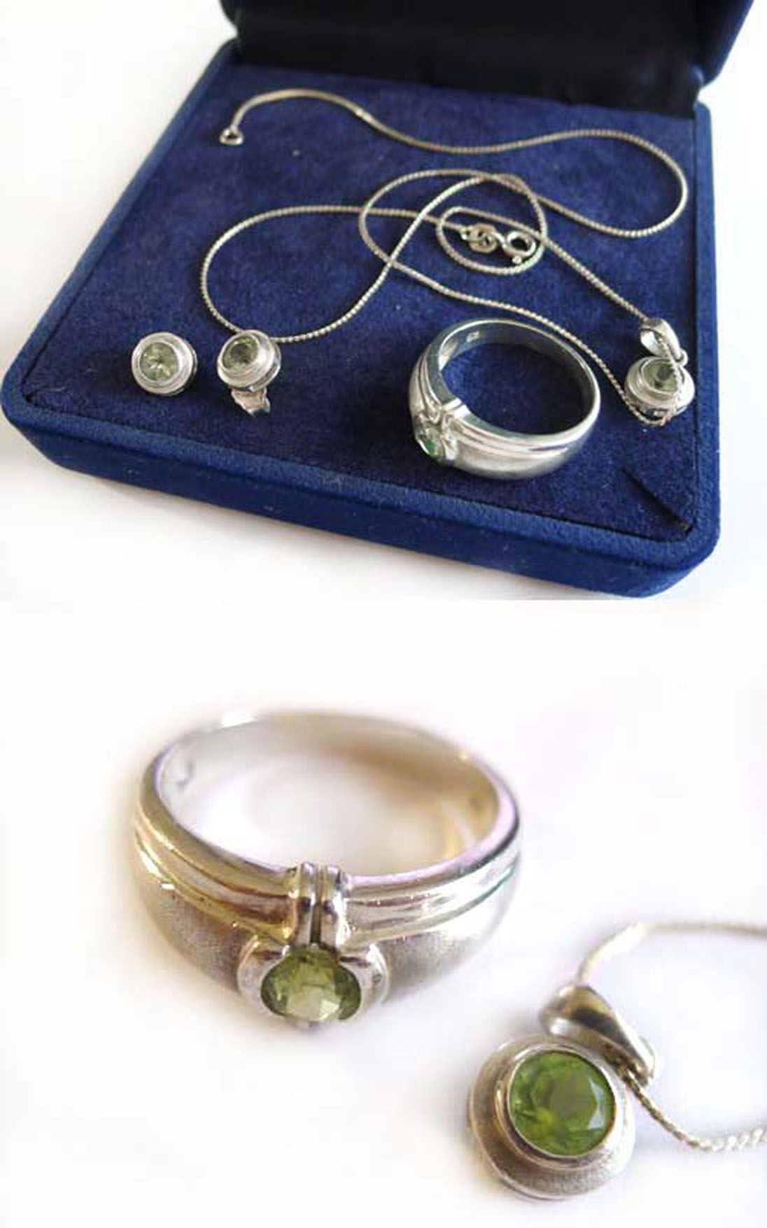 Set mit Kette, Ring und Ohrsteckern 925 Silber grüne Steine