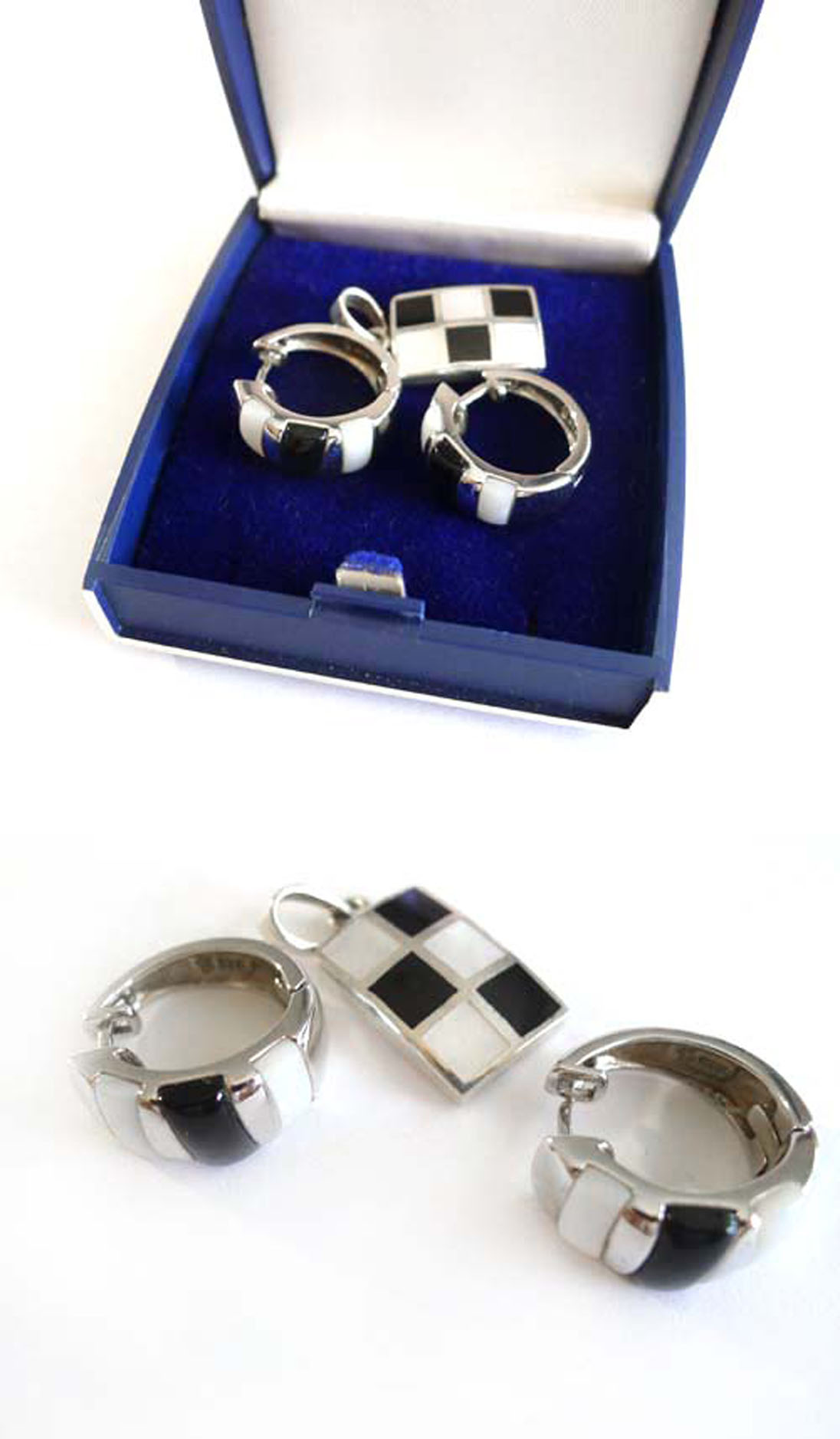 Creolen und Anhänger Schwarz Weiß 925 Silber