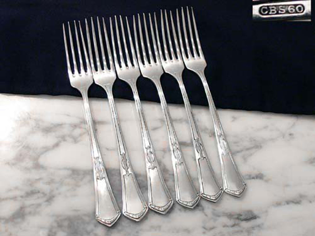 6 geometrische Jugendstil Dessertgabeln CBS 60 versilbert