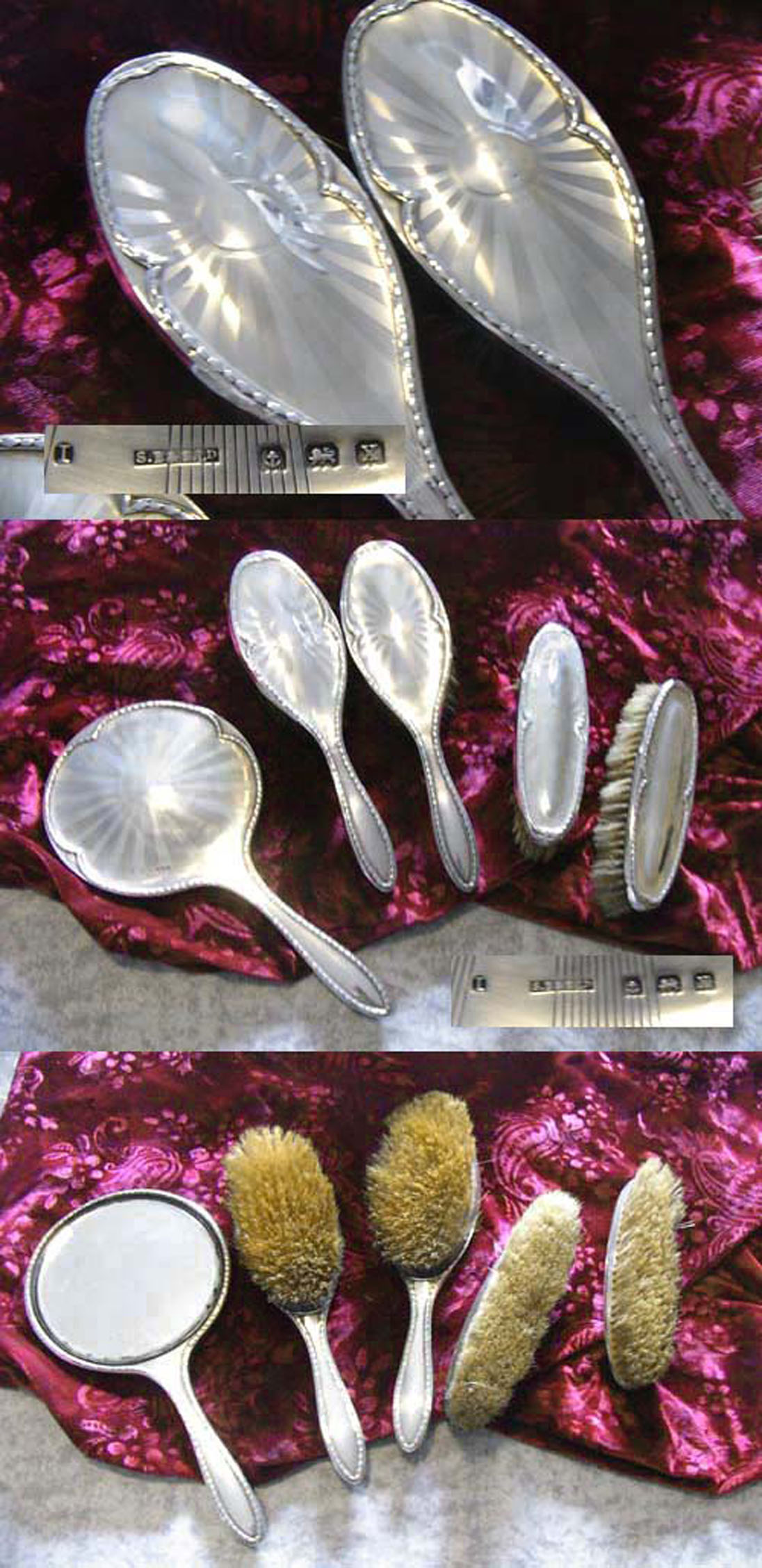 Englisches Set Handspiegel und 4 Bürsten aus 925 Silber