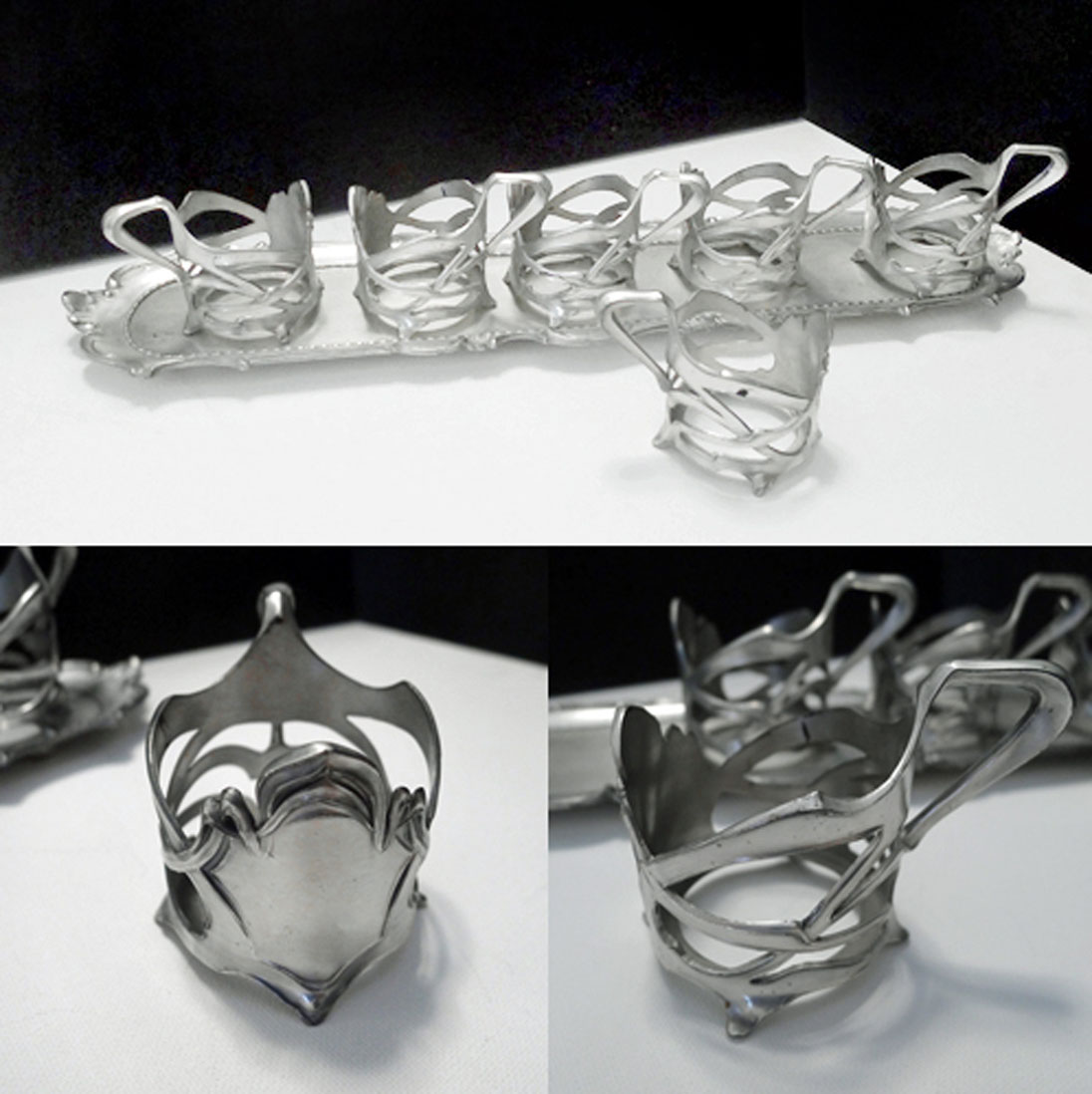 6 Jugendstil Teeglashalter mit Tablett versilbert