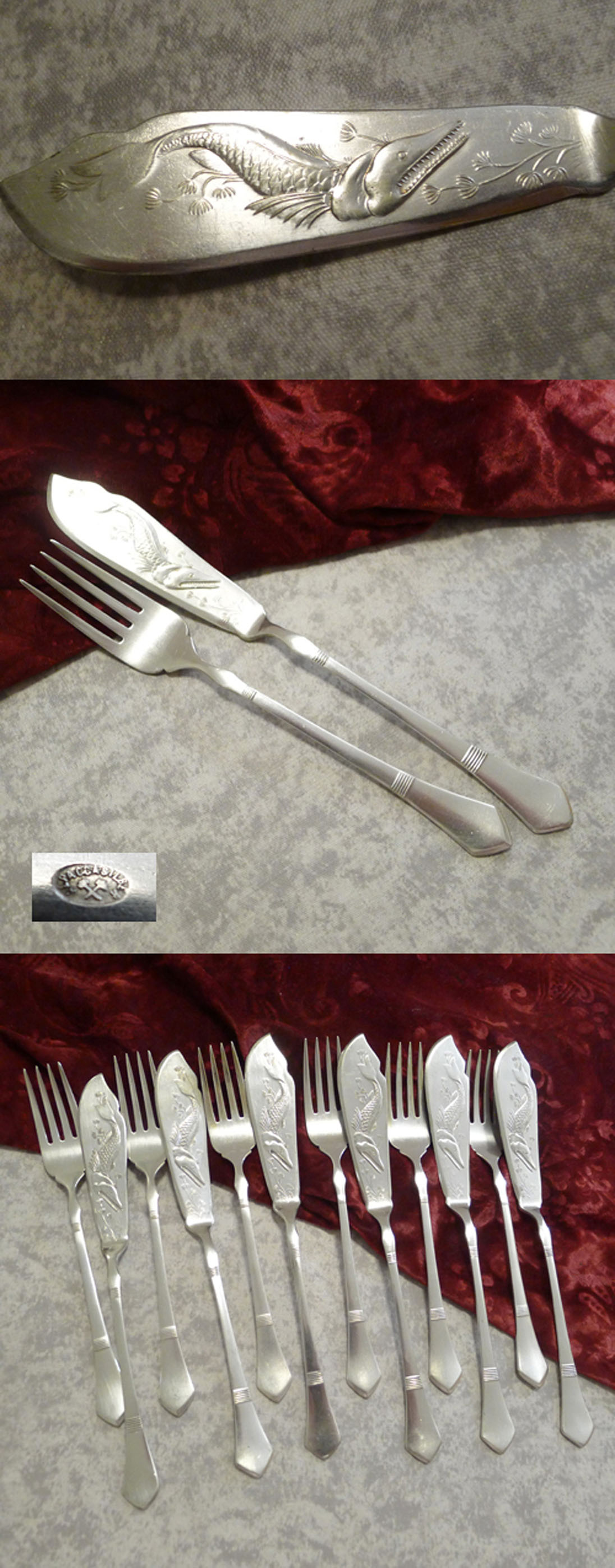 Fischbesteck Jugendstil mit plastischem Fisch 6 Personen versilb