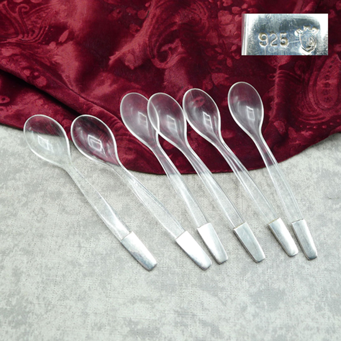 6 Eislöffel transparent mit 925 Silber Griff