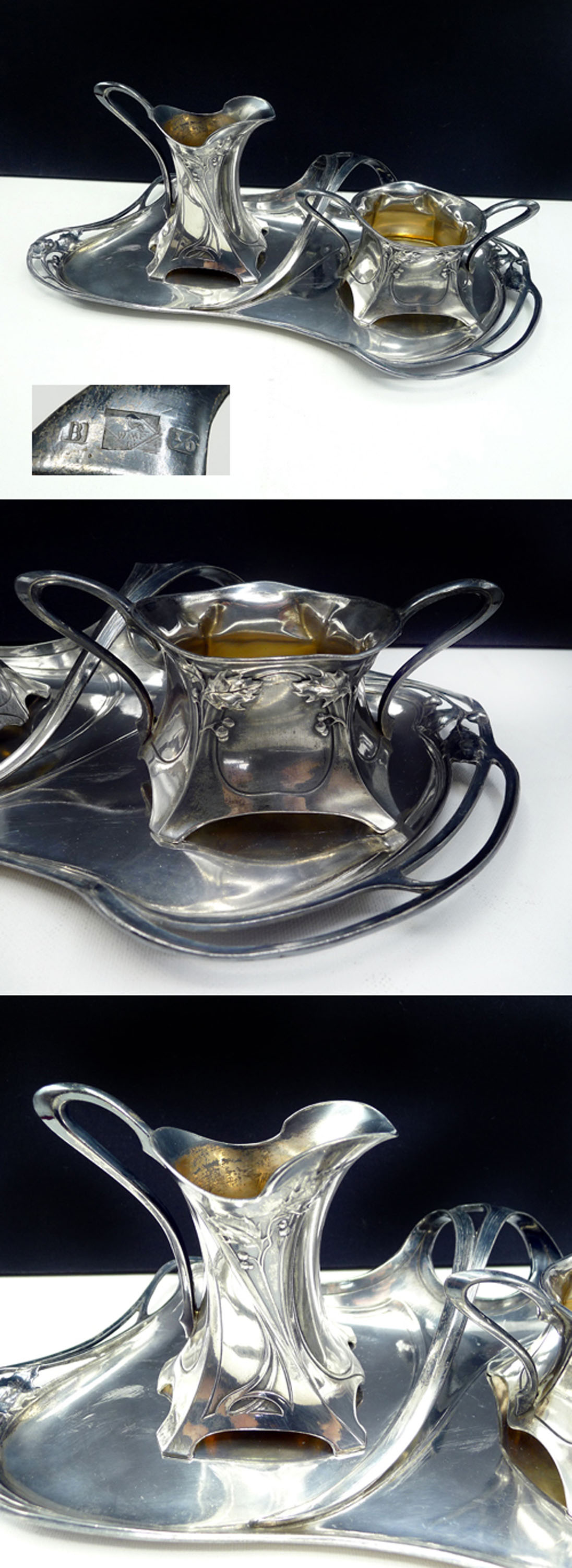 WMF Jugendstil florales Zucker & Milch Set auf Tablett versilbert