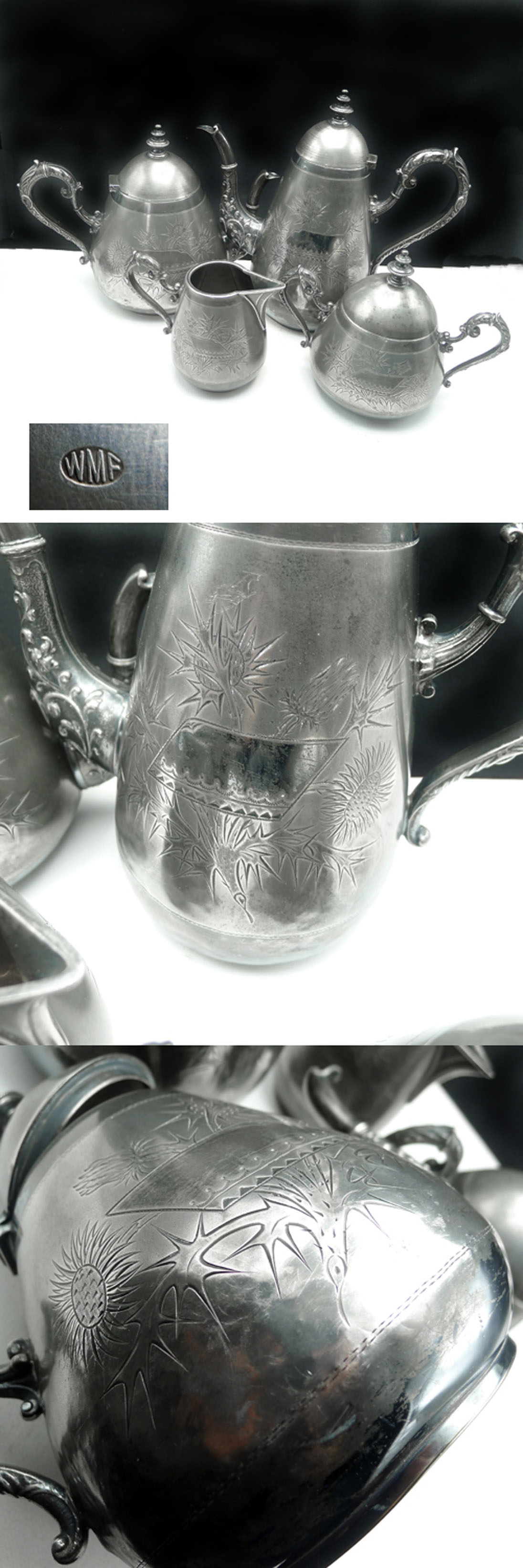 WMF Jugendstil Tee- und Kaffeeservice Disteln Britanniametall