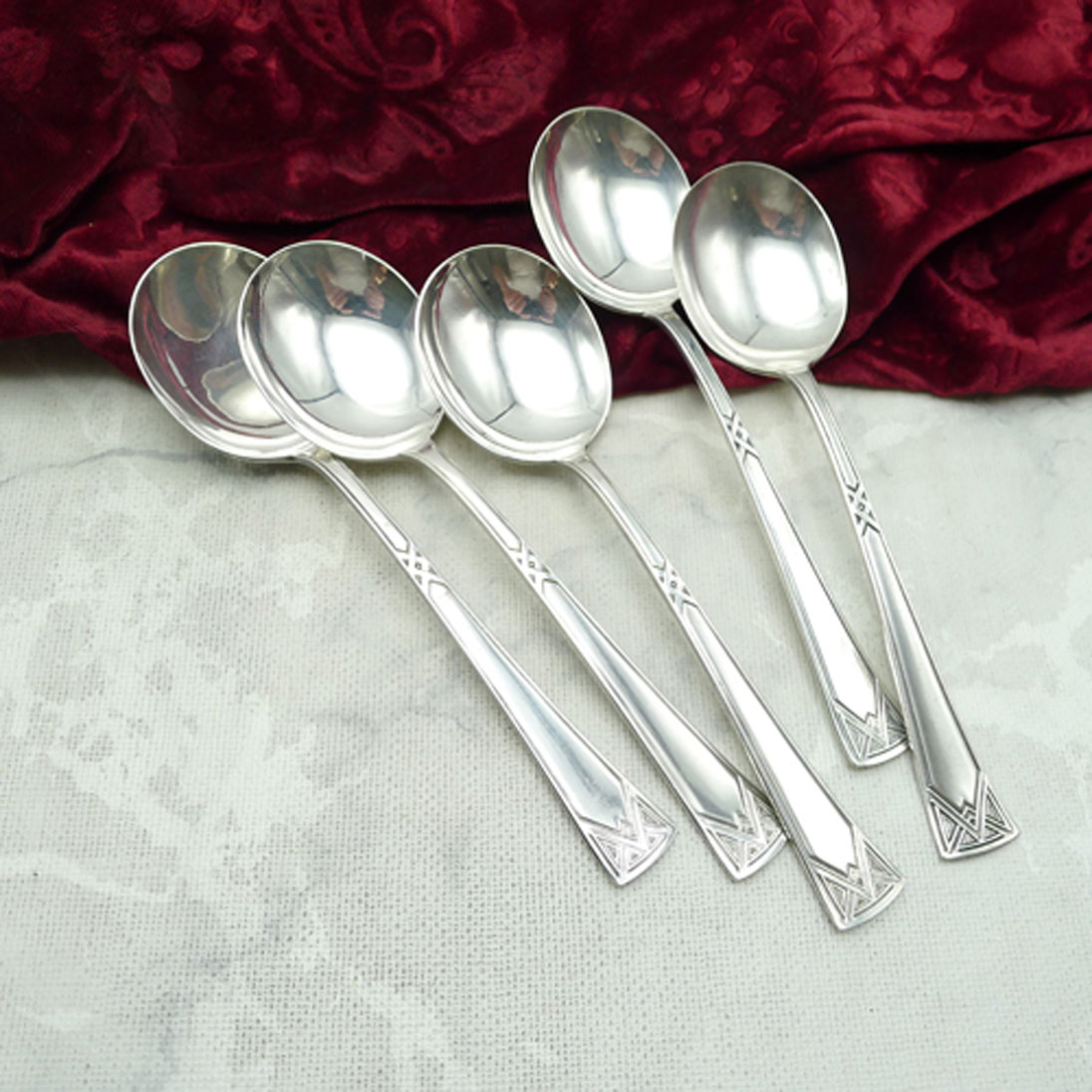 5 geometrische Jugendstil Tassenlöffel versilbert