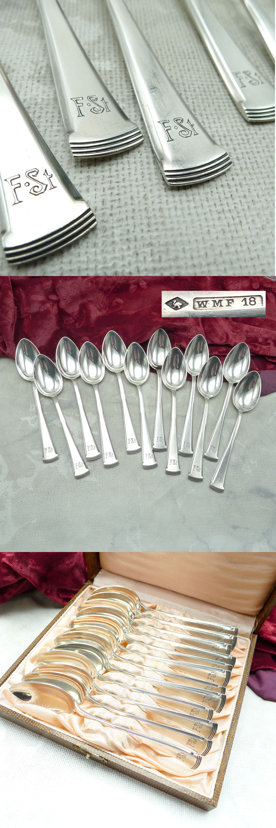 WMF 70 12 Mokkalöffel mit Schachtel versilbert