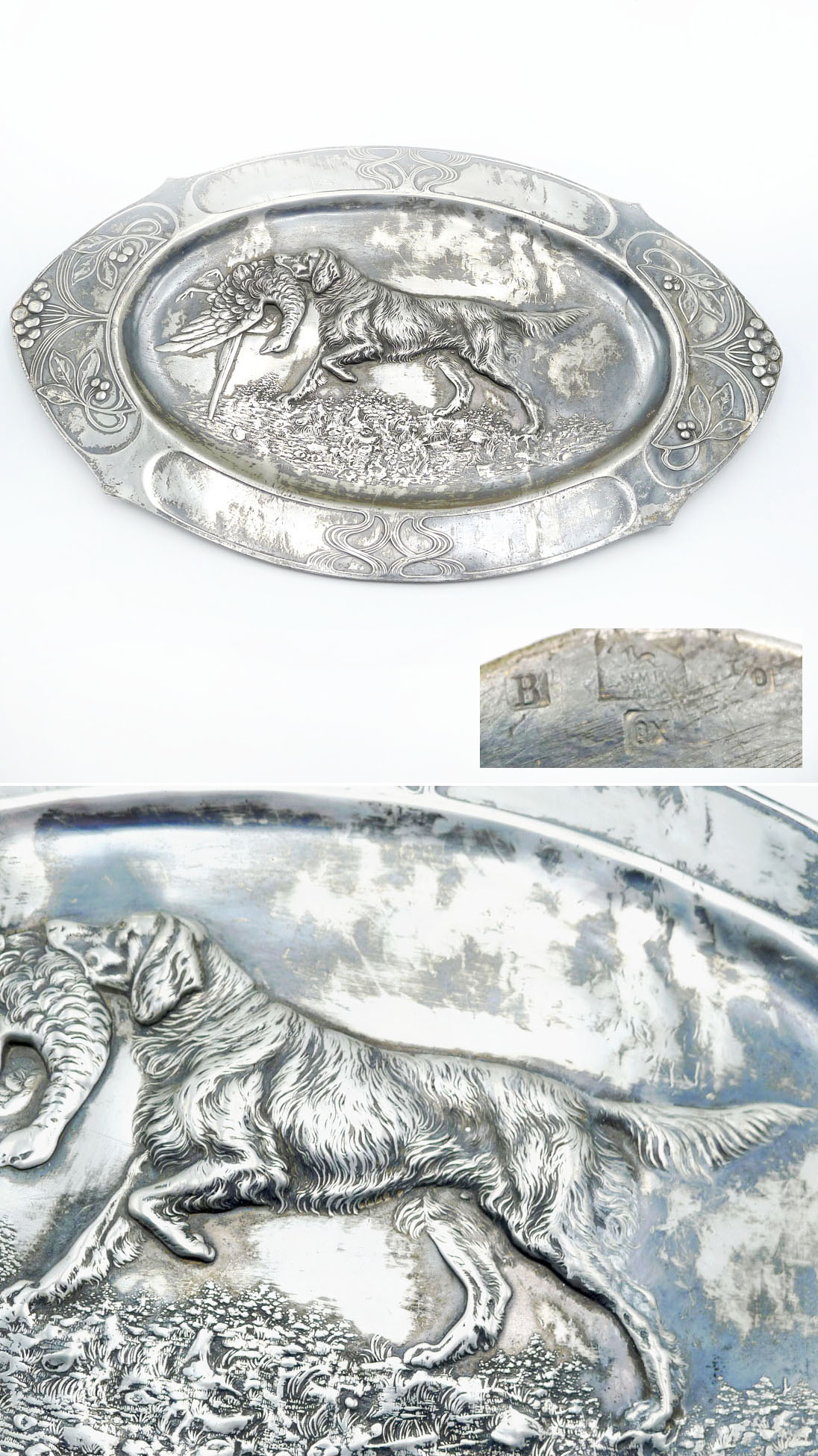 WMF große Jugendstil Platte Retriever mit Fasan versilbert