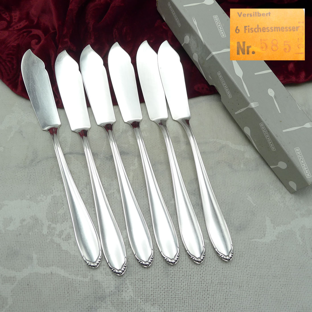 Bruckmann 585 einfach Barock 6 Fischmesser 90 versilbert