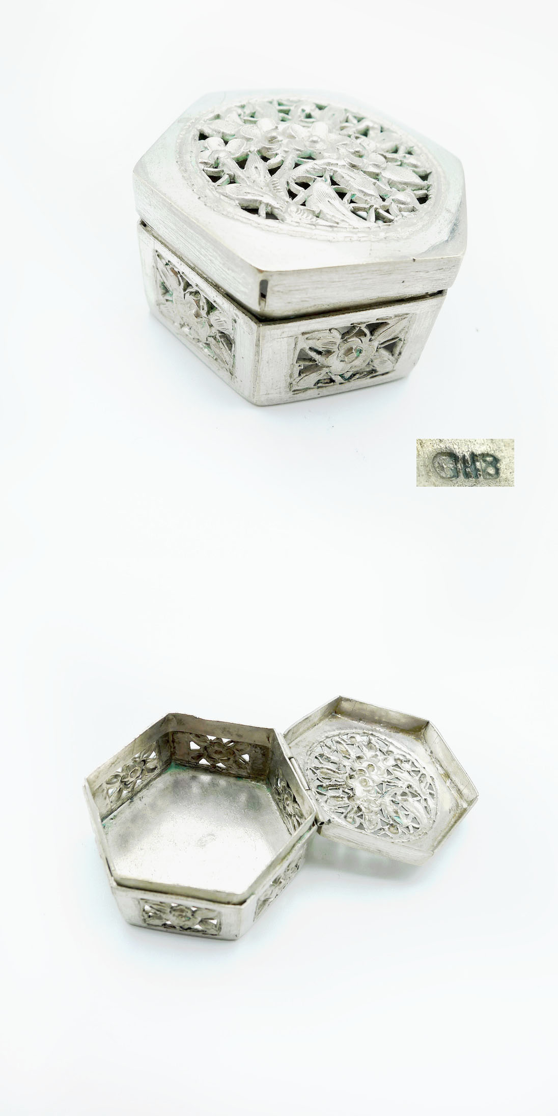 Pillendöschen durchbrochen alt Silber / versilbert