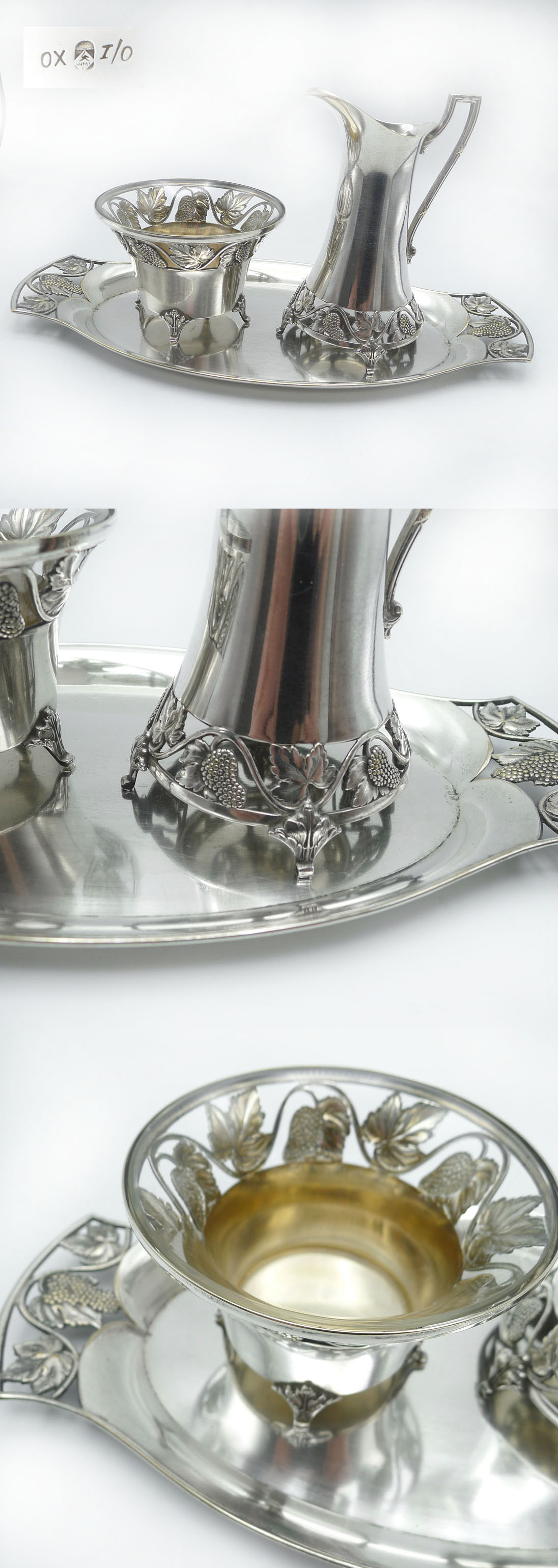 WMF Milch und Zucker Set auf Tablett – Versilbert, Jugendstil Weinlaub (29,7 cm)