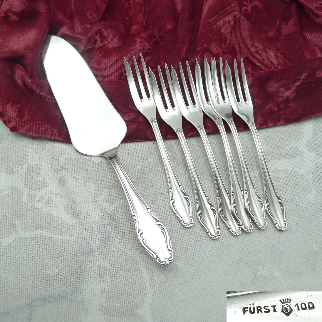 Tortenheber und 6 Kuchengabeln Fürst 100 versilbert
