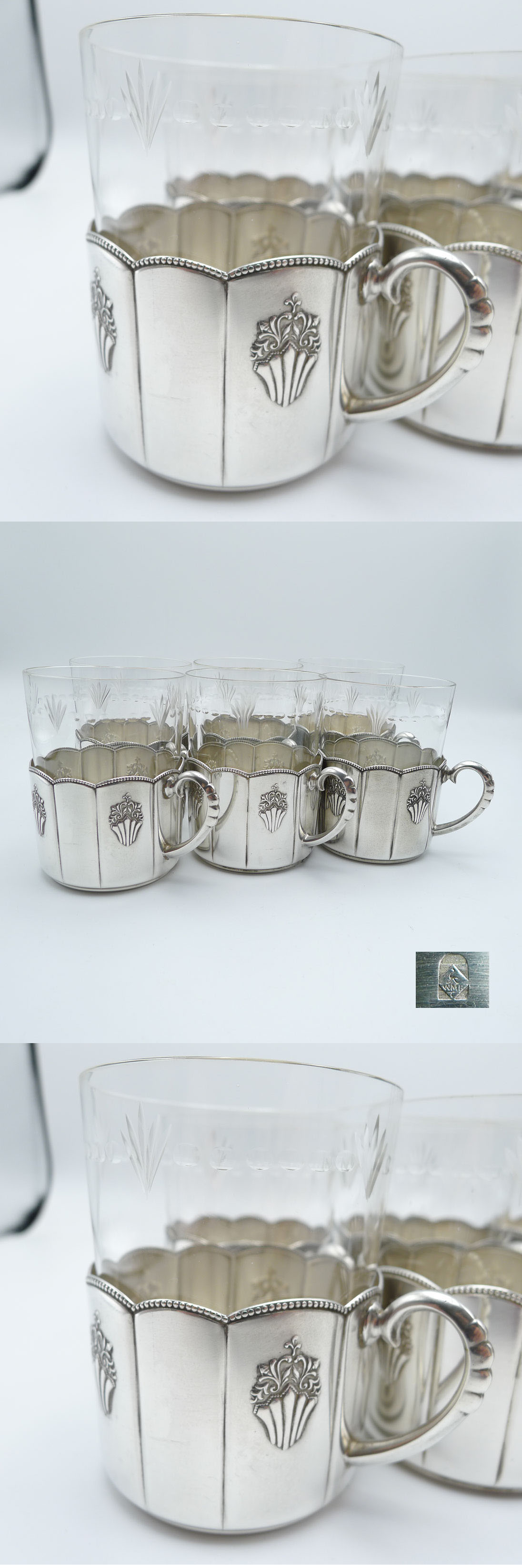WMF Fächer 6 Teeglashalter mit Originalglas versilbert