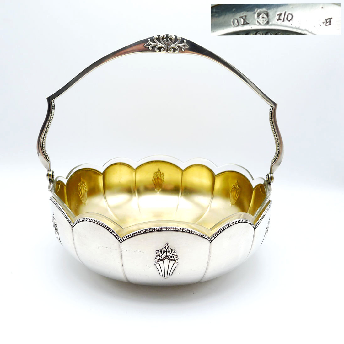WMF 900 Fächer große Henkelschale mit Glaseinsatz versilbert