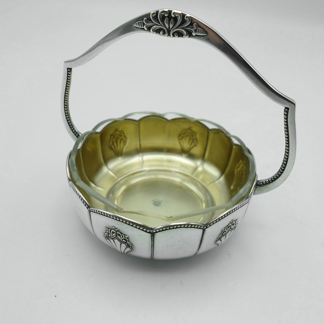 WMF 900 Fächer kleine Henkelschale mit Glaseinsatz versilbert