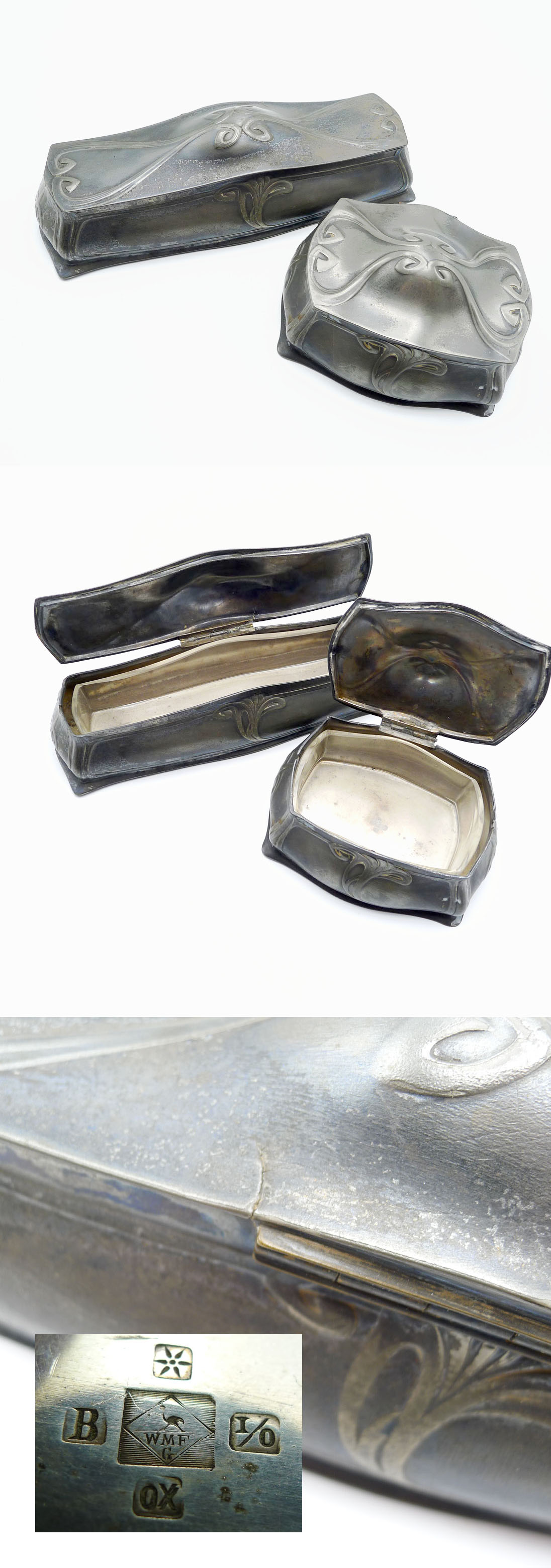 WMF Set: 2 Jugendstil Schatullen / Dosen mit Glaseinsätzen – Versilbert, Sonderpunze (Blütenstempel)