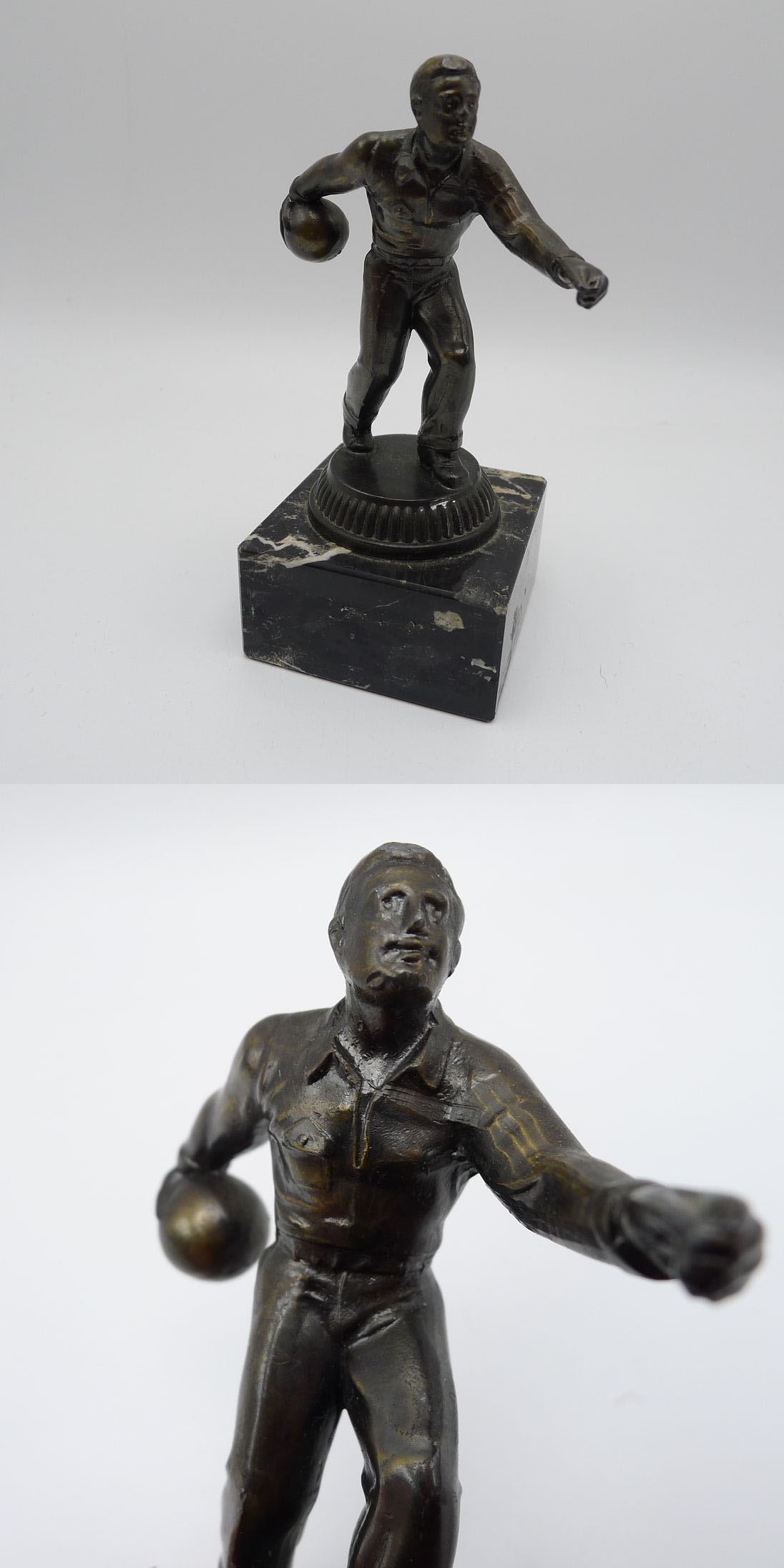Art Déco Figur "Kegler / Bowler" auf Marmorsockel – Metallguss/Bronze
