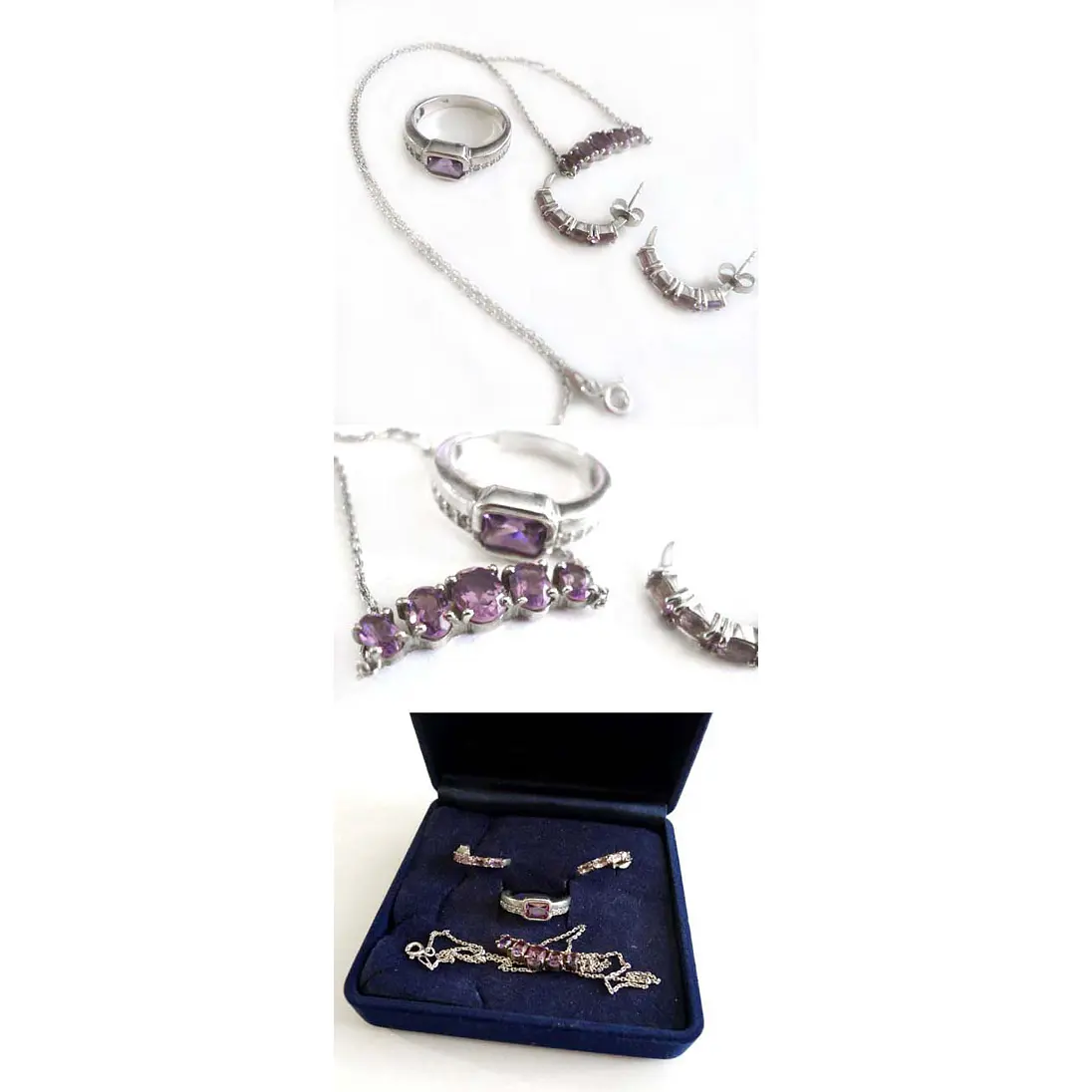Set mit Kette, Ring und Creolen 925 Silber violette Steine
