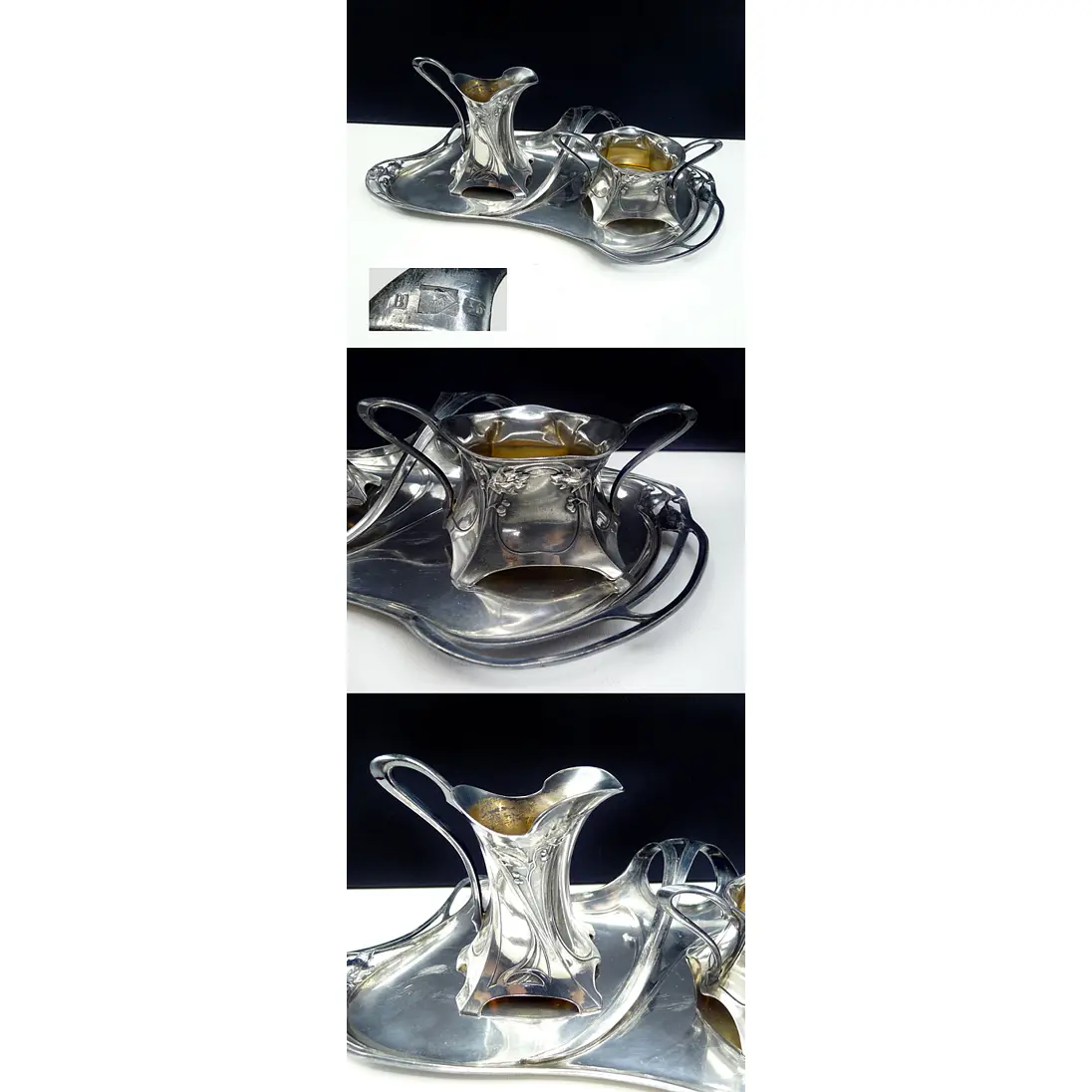 WMF Jugendstil florales Zucker & Milch Set auf Tablett versilbert