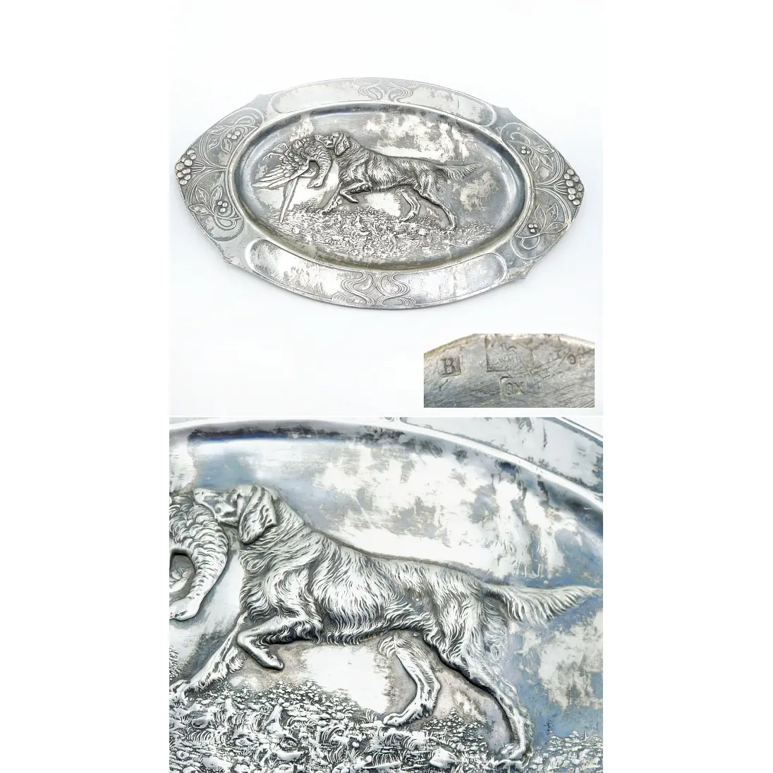 WMF große Jugendstil Platte Retriever mit Fasan versilbert