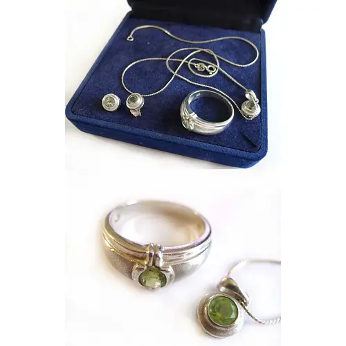 Set mit Kette, Ring und Ohrsteckern 925 Silber grüne Steine