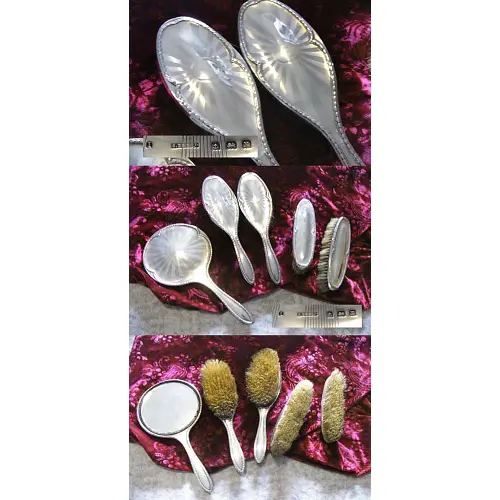 Englisches Set Handspiegel und 4 Bürsten aus 925 Silber