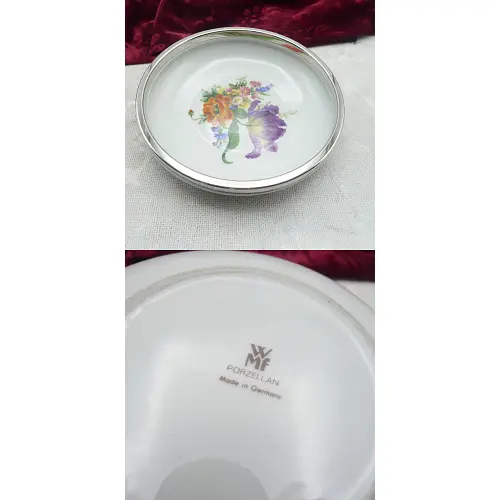 WMF Schälchen Porzellan mit Blumen und Metallrand versilbert WMF Schälchen Porzellan mit Blumen und Metallrand versilbert