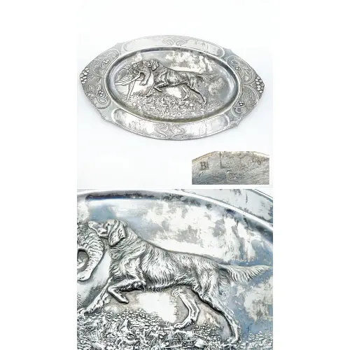WMF große Jugendstil Platte Retriever mit Fasan versilbert WMF große Jugendstil Platte Retriever mit Fasan versilbert