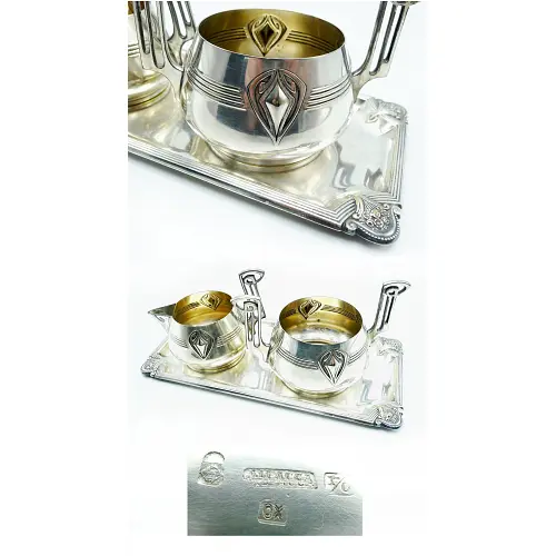 WMF 44 Jugendstil Zucker & Milch Set auf Tablett versilbert