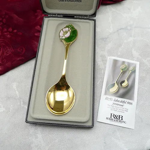 Robbe & Berking Jahreslöffel 1986 Wildrose 925 Silber vergoldet