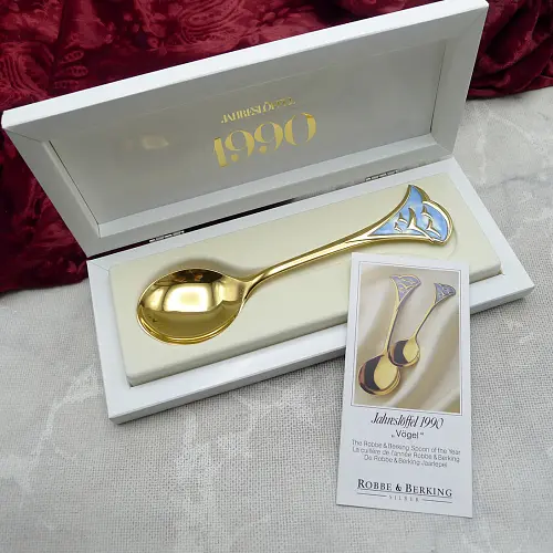 Robbe & Berking Jahreslöffel 1990 Vögel 925 Silber vergoldet